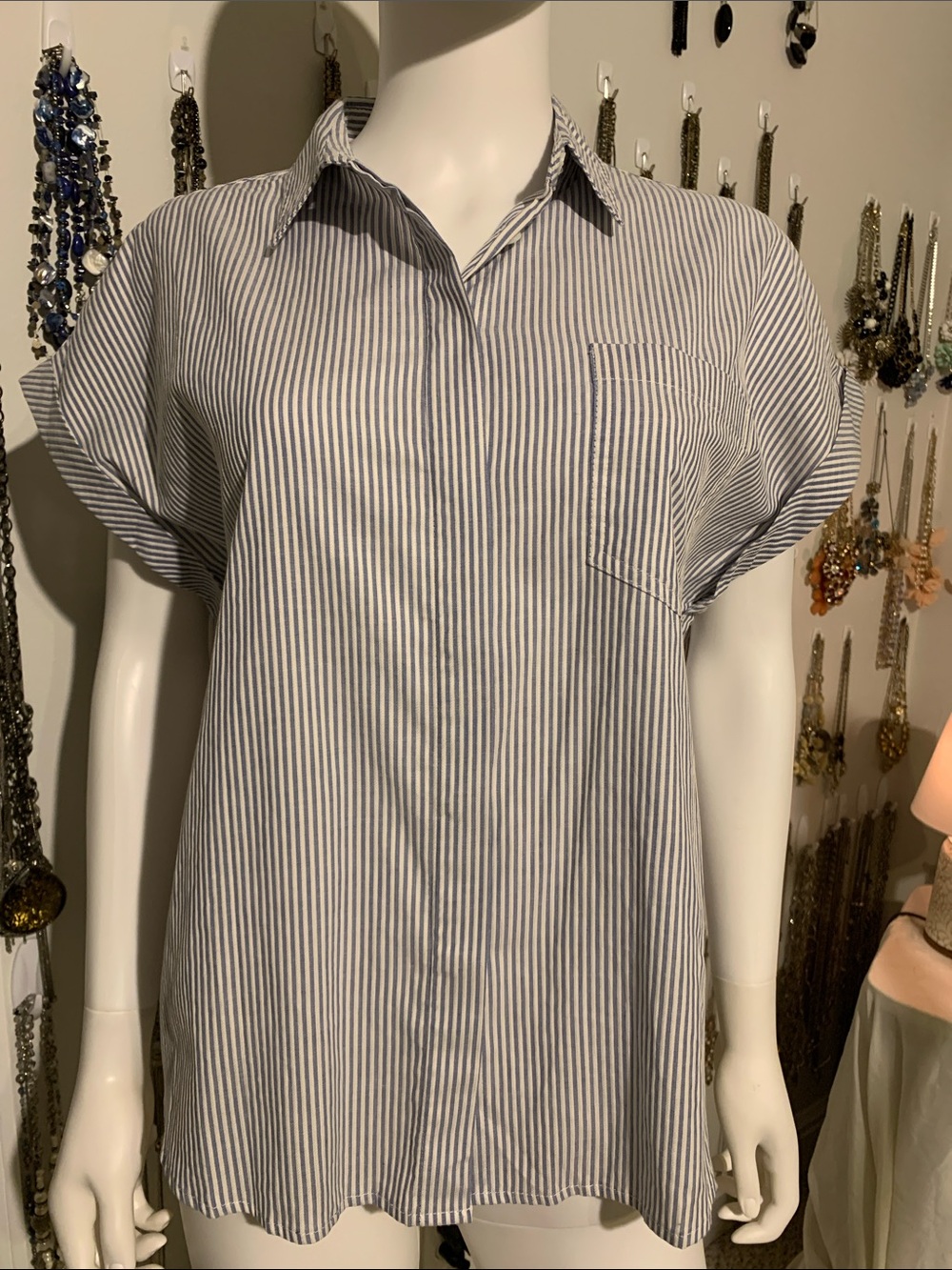 Banana Republic Blue and White Vertical Stripe Short-Sleeve Button-Down